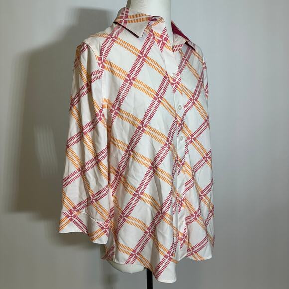 Chico's Pink Orange Diamond Plaid Button Up Blouse Womens Size 1 US 8/10 No Iron - Picture 2 of 10